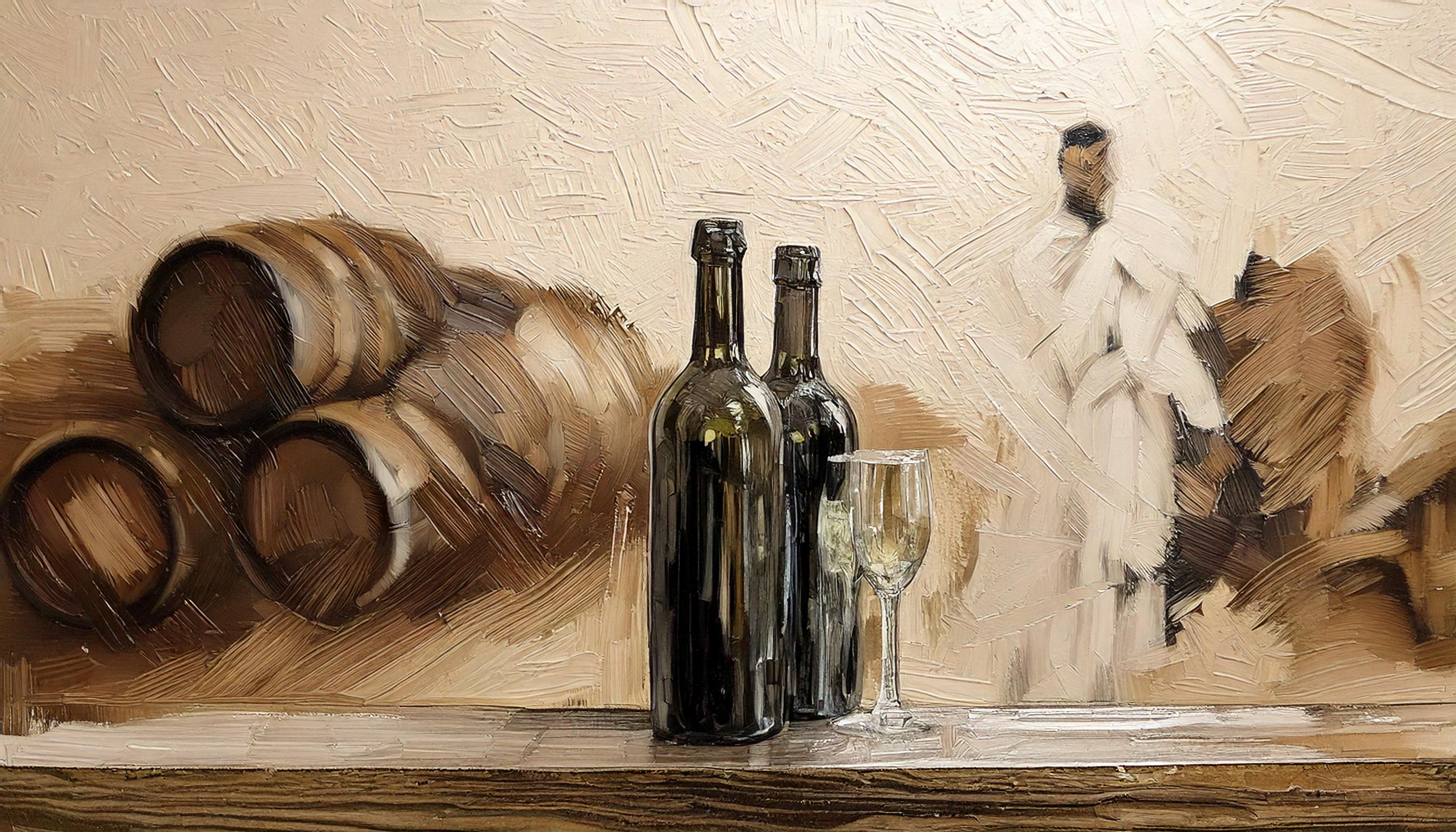 Wine bottles on a table with a man standing behind them and wine barrels in the background.